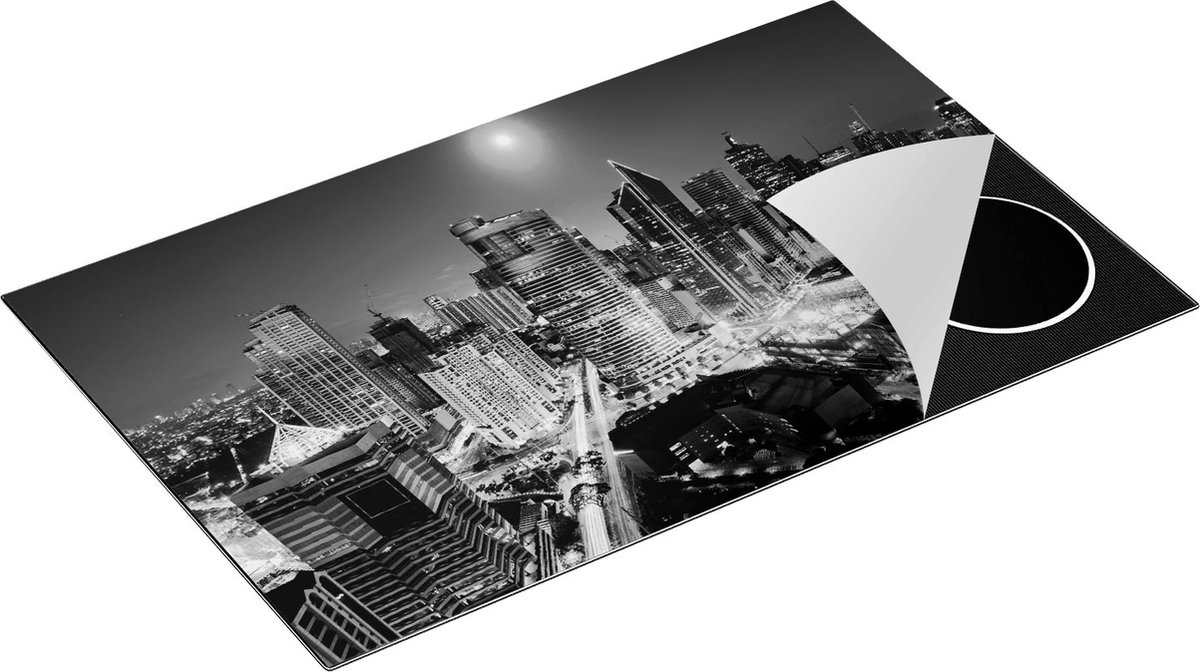 Chefcare Inductie Beschermer Makati Stad Skyline in de Nacht in Thailand - Zwart Wit - 85x50 cm - Afdekplaat Inductie - Kookplaat Beschermer - Inductie Mat