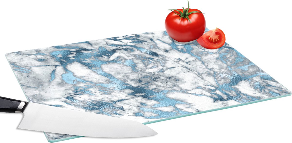Glazen Snijplank - 39x28 - Marmer - Luxe - Zilver - Blauw - Snijplanken Glas