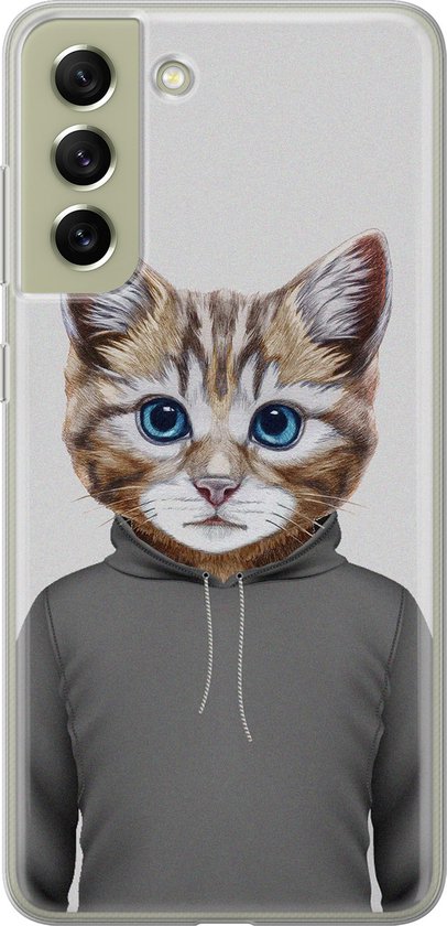 Coque souple avec un chat de dessin animé aux yeux bleus, vêtu d'un sweat à capuche gris.
