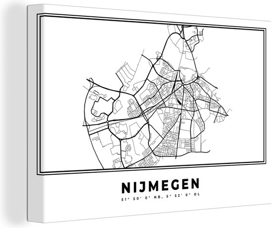 Canvas Schilderij Stadskaart – Zwart Wit - Kaart – Nijmegen – Nederland – Plattegrond - 120x80 cm - Wanddecoratie