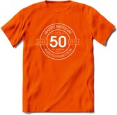 50th Happy Birthday T-shirt | Vintage 1972 Aged to Perfection | 50 jaar Abraham en Sarah verjaardag cadeau | Grappig feest shirt Heren – Dames – Unisex kleding | - Oranje - XL