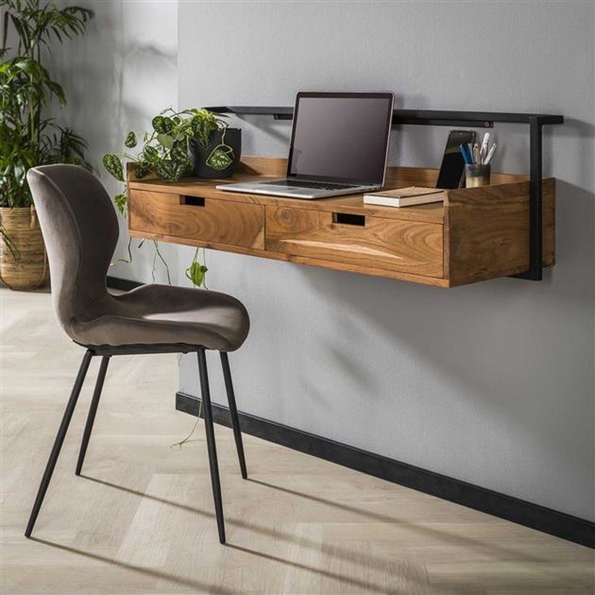 Zwevend Bureau Industrieel Naomi Acaciahout 2 lades 120x38x37 cm