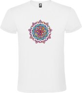 Wit T-shirt met Grote Mandala in Paars, Blauw en witte kleuren size 4Xl