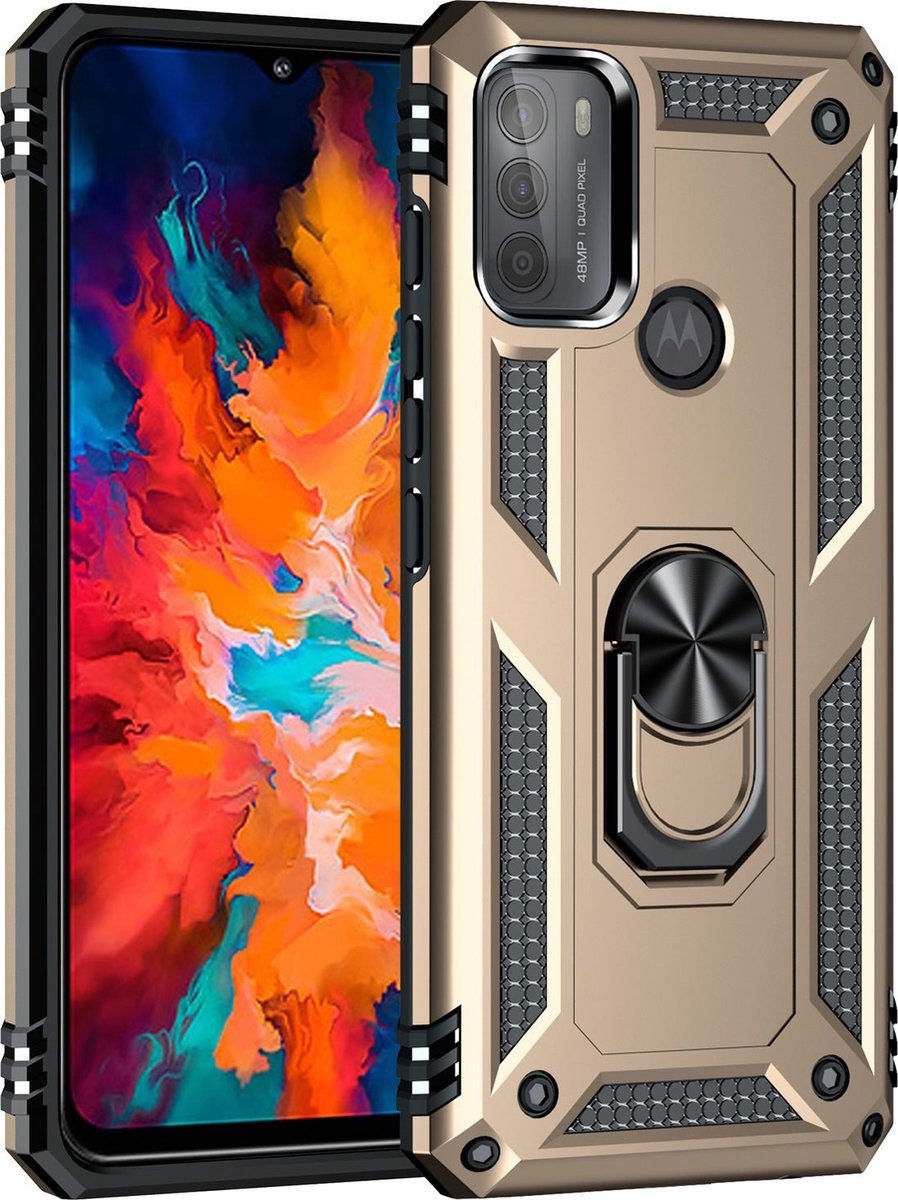 Mobigear Hoesje geschikt voor Motorola Moto G50 Telefoonhoesje Hardcase | Mobigear Armor Ring Backcover Shockproof met Ringhouder | Schokbestendig Moto G50 Telefoonhoesje | Anti Shock Proof - Goud
