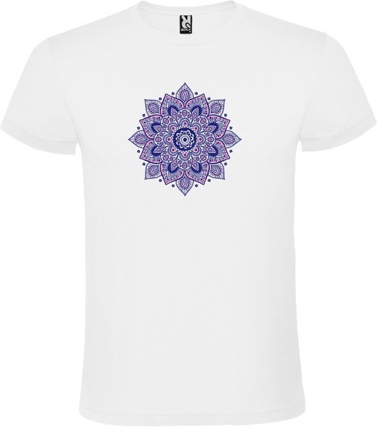 Wit T-shirt met Grote Mandala in Donker Blauw en Roze kleuren size S