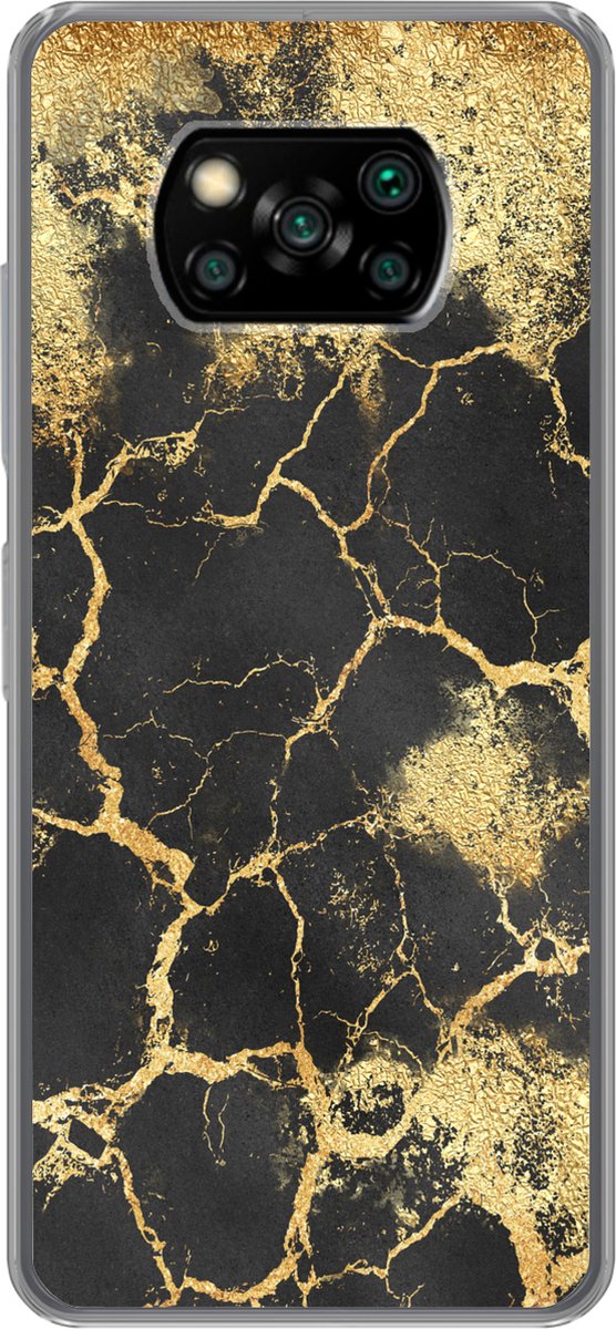 Telefoonhoesje Geschikt voor Xiaomi Geschikt voor Poco X3 NFC hoesje - Marmer print - Zwart - Goud - Siliconen Telefoonhoesje Telefoonhoesje