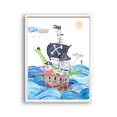 Schilderij  Piraten beertje konijn olifant en dino op de boot donker - piraten thema / Dieren / 40x30cm