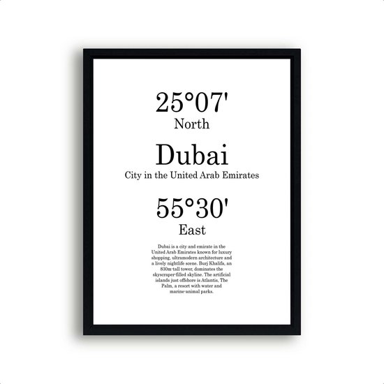 Schilderij  Steden Dubai met graden positie en tekst - Minimalistisch / Motivatie / Teksten / 50x40cm