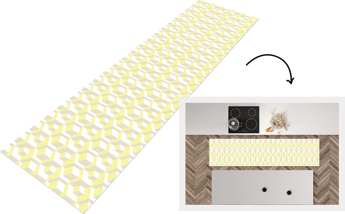 Keukenloper - Loper keuken - Blokken - Patronen - 3D - Geel - 240x60 cm - Keukenloper viny