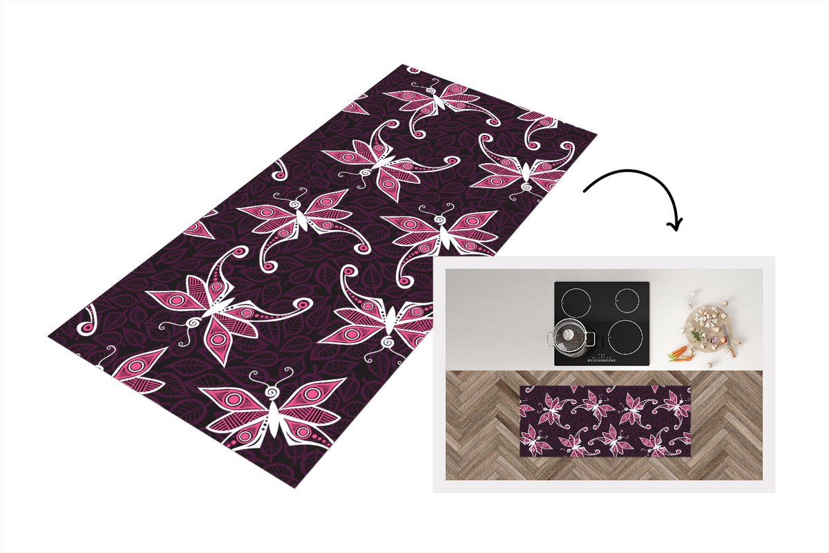 KitchenYeah Keukenloper - Loper keuken - Vlinders - Patronen - Roze - 120x50 cm - Keukenloper vinyl Multicolor