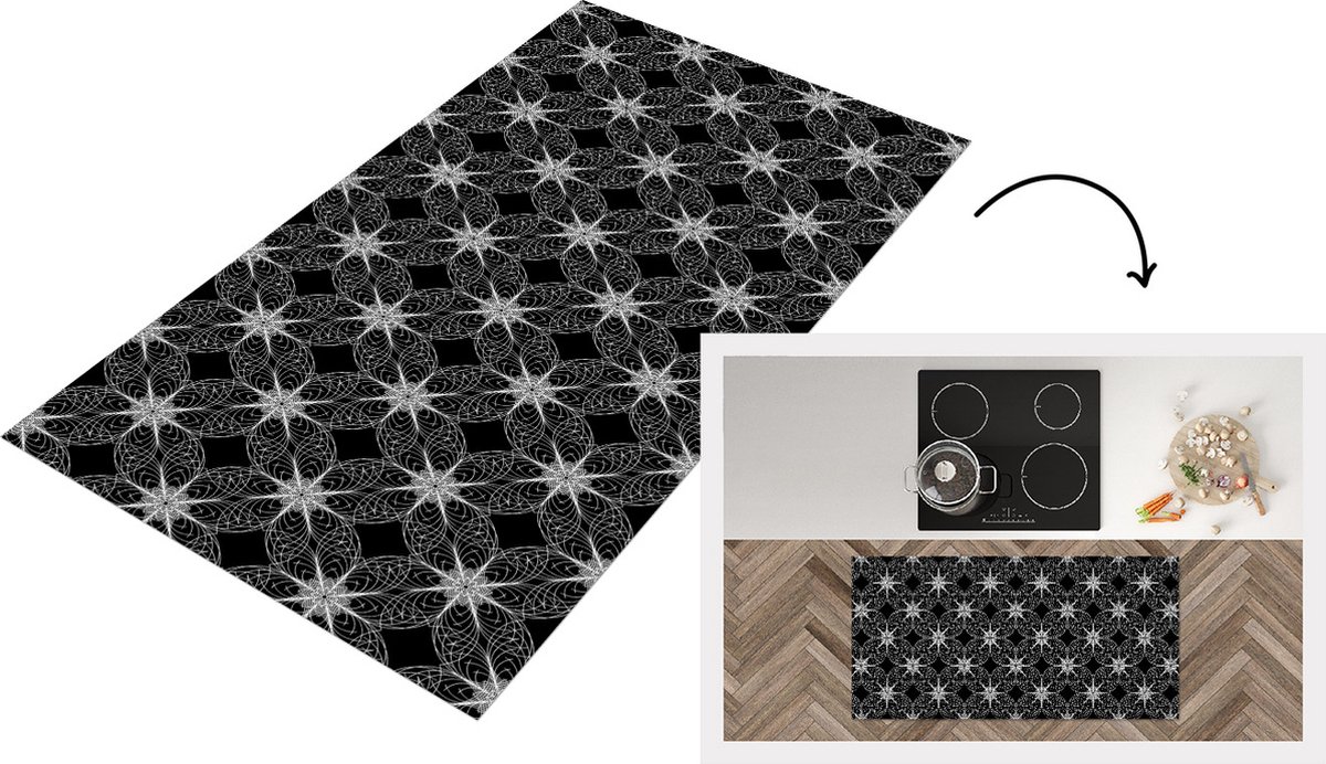 KitchenYeah Keukenloper - Loper keuken - Kompas - Patronen - Zwart Wit - 120x60 cm - Keukenloper vinyl Zwart; Wit