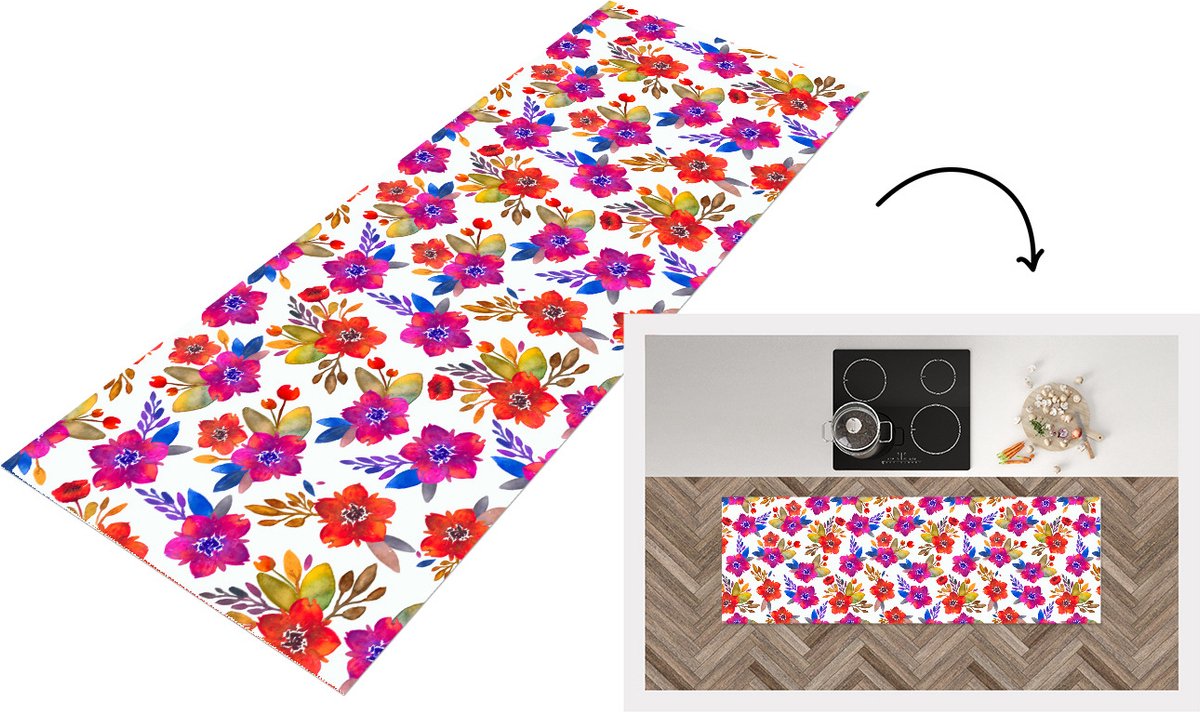 KitchenYeah Keukenloper - Loper keuken - Waterverf - Bloemen - Paars - 150x50 cm - Keukenloper vinyl Multicolor