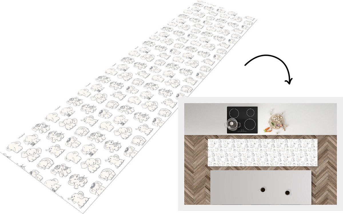 KitchenYeah Keukenloper - Loper keuken - Olifant - Patroon - Baby - 240x60 cm - Keukenloper vinyl Multicolor