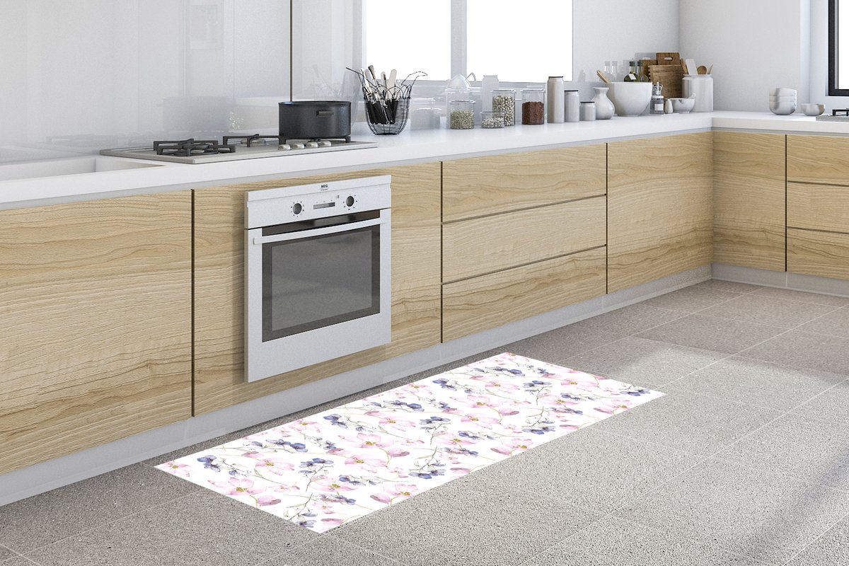 KitchenYeah Keukenloper - Loper keuken - Bloemen - Waterverf - Bohemian - Patroon - 150x50 cm - Keukenloper vinyl Multicolor
