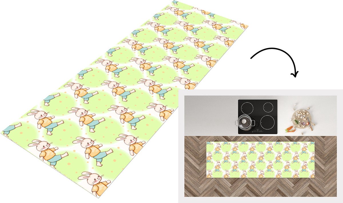 KitchenYeah Keukenloper - Loper keuken - Konijn - Patronen - Kinderen - Cartoon - 150x50 cm - Keukenloper vinyl Multicolor