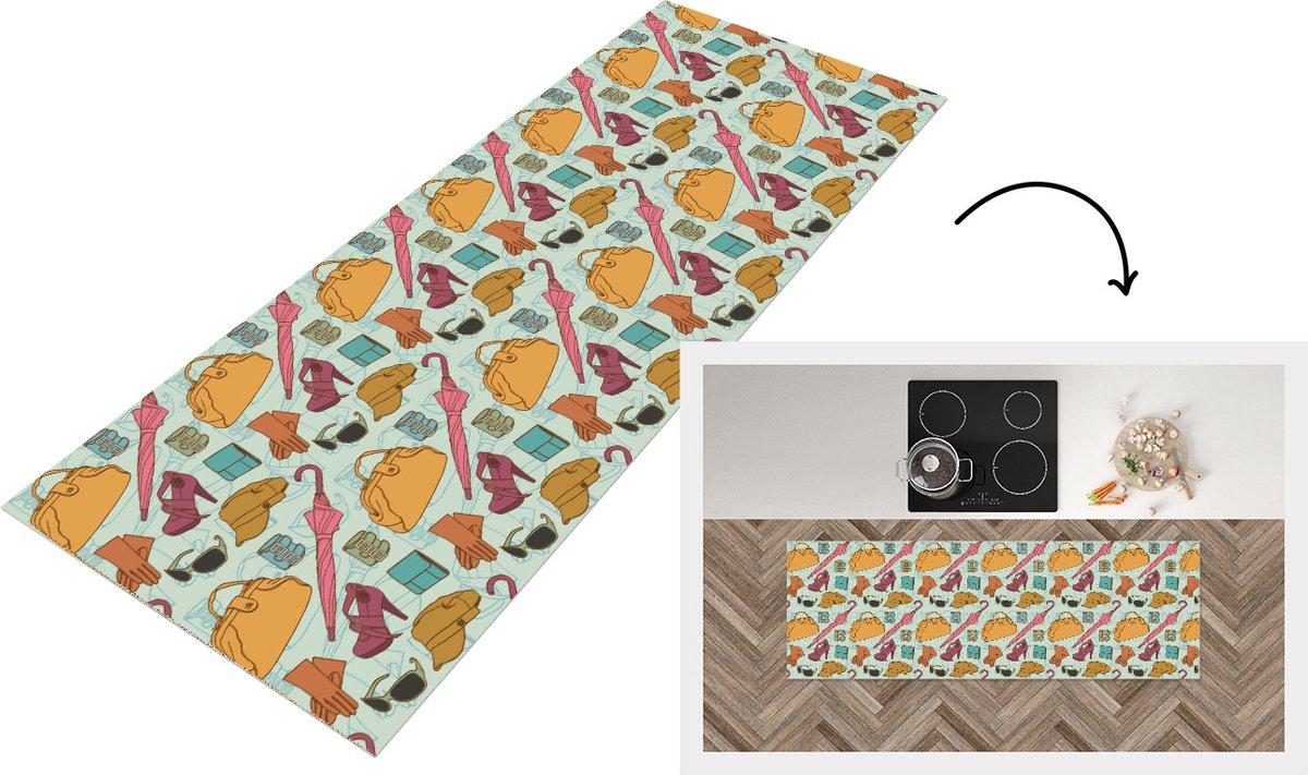 KitchenYeah Keukenloper - Loper keuken - Kleren - Paraplu - Seizoenen - Design - 180x60 cm - Keukenloper vinyl Multicolor