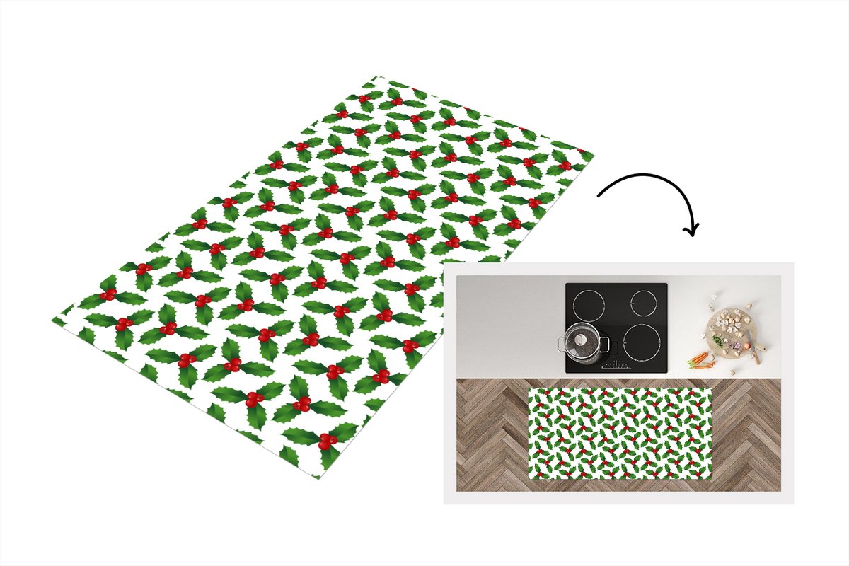 KitchenYeah Keukenloper - Loper keuken - Patronen - Kerstmis - Maretak - 120x60 cm - Keukenloper vinyl Multicolor