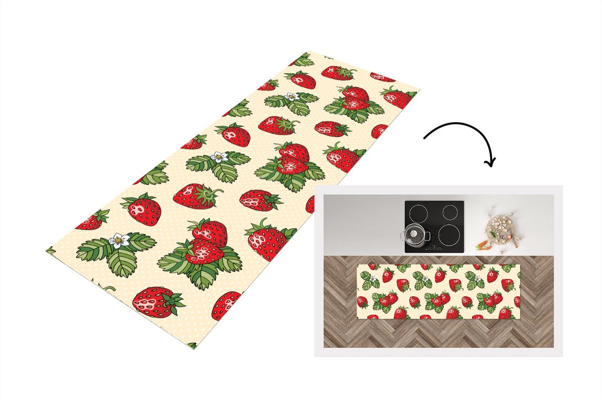 KitchenYeah Keukenloper - Loper keuken - Aardbeien - Fruit - Patronen - 150x50 cm - Keukenloper vinyl Multicolor