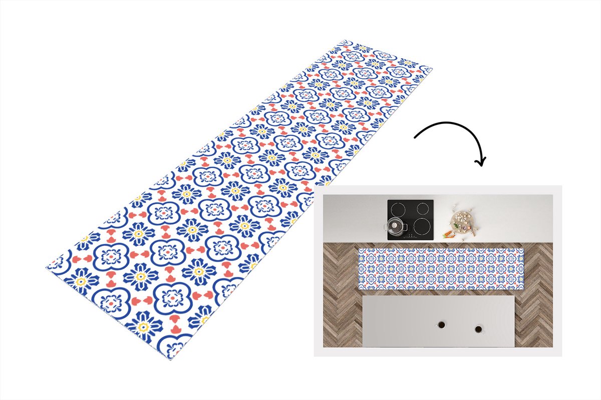 KitchenYeah Keukenloper - Loper keuken - Bloem - Blauw - Rood - Patroon - 240x60 cm - Keukenloper vinyl Multicolor