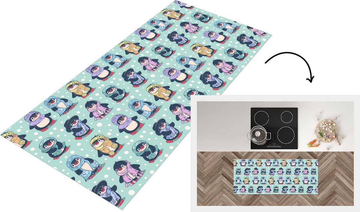 KitchenYeah Keukenloper - Loper keuken - Design - Winter - Pinguïn - 120x50 cm - Keukenloper vinyl Multicolor