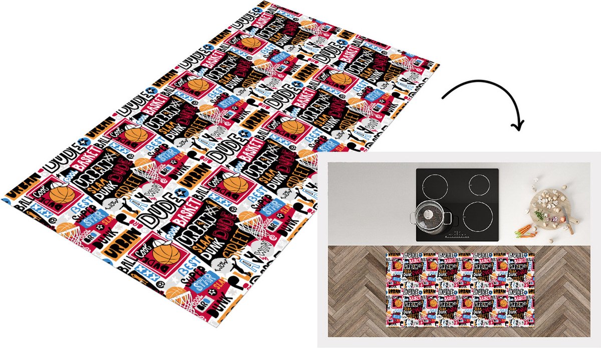 KitchenYeah Keukenloper - Loper keuken - Basketbal - Quotes - Patroon - Alfabet - 120x60 cm - Keukenloper vinyl Multicolor