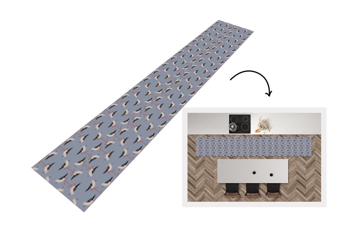 KitchenYeah Keukenloper - Loper keuken - Vogel - Ooievaar - Patroon - 300x50 cm - Keukenloper vinyl Multicolor