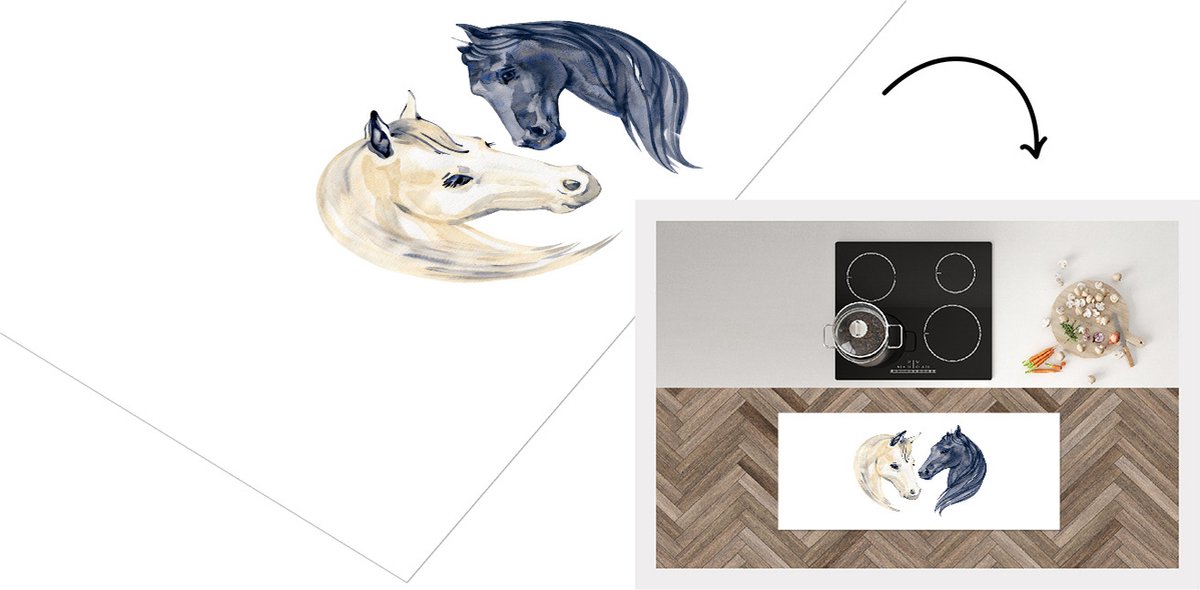 KitchenYeah Keukenloper - Loper keuken - Paarden - Waterverf - Blauw - 120x50 cm - Keukenloper vinyl Multicolor