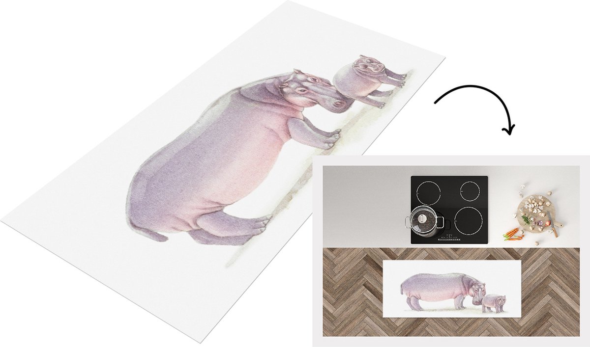 KitchenYeah Keukenloper - Loper keuken - Nijlpaard - Kalf - Waterverf - Keukenloper vinyl Multicolor