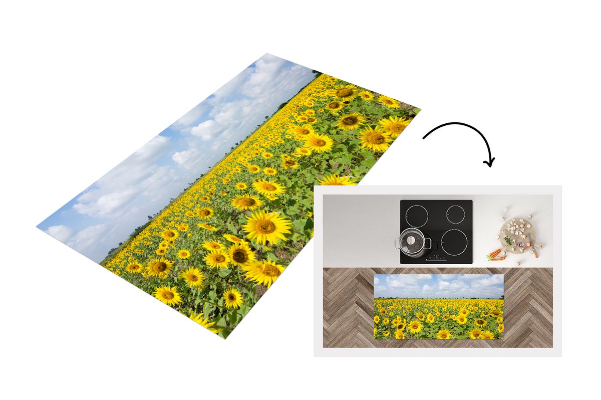 KitchenYeah Keukenloper - Loper keuken - Zonnebloemen - Wolken - Natuur - 120x60 cm - Keukenloper vinyl Multicolor