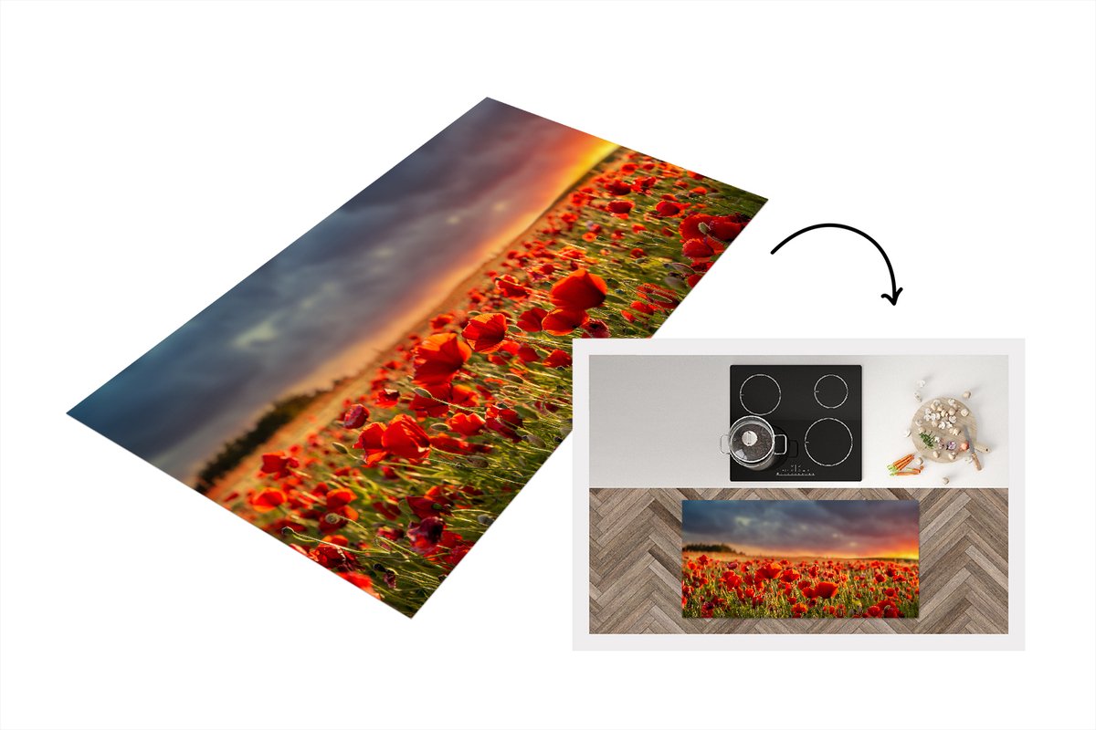 KitchenYeah Keukenloper - Loper keuken - Zonsondergang - Klaprozen - Rood - 120x60 cm - Keukenloper vinyl Multicolor