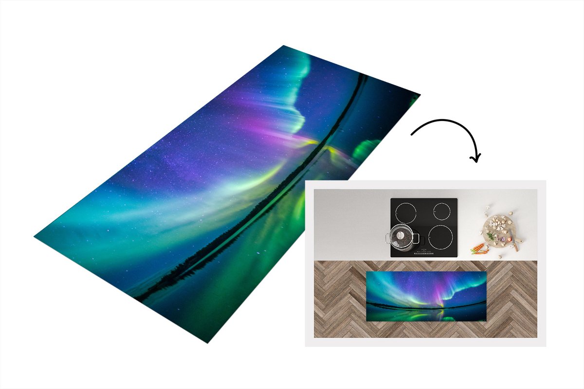 KitchenYeah Keukenloper - Loper keuken - Noorderlicht - Sterrenhemel - Reflectie - 120x50 cm - Keukenloper vinyl Multicolor