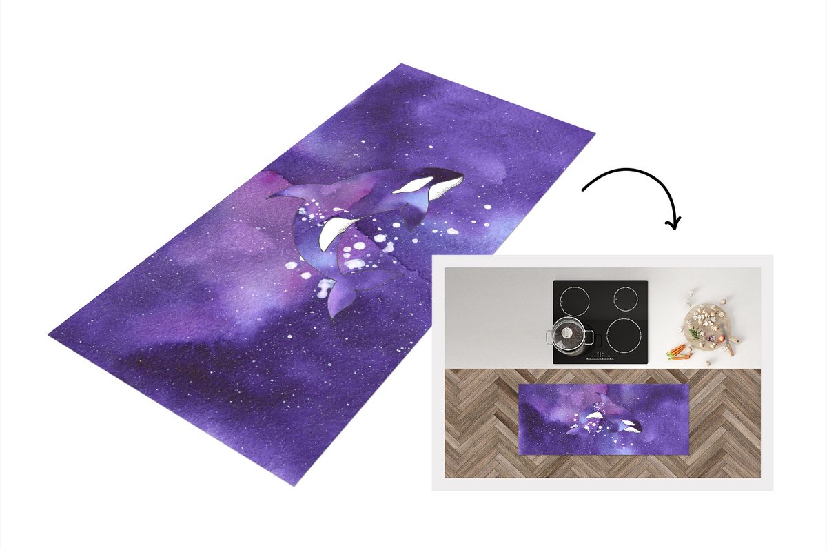 KitchenYeah Keukenloper - Loper keuken - Dieren - Orka - Aquarel - Keukenloper vinyl Multicolor