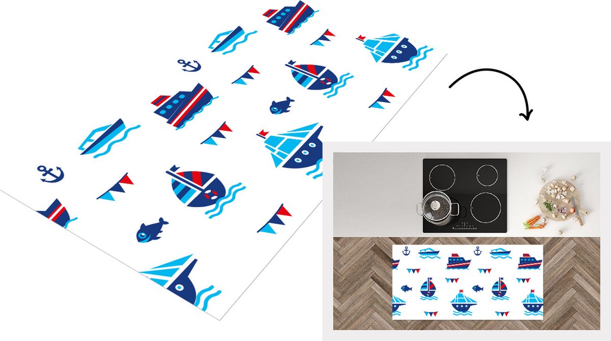 KitchenYeah Keukenloper - Loper keuken - Boot - Blauw - Rood - Jongen - Patroon - 120x60 cm - Keukenloper vinyl Multicolor