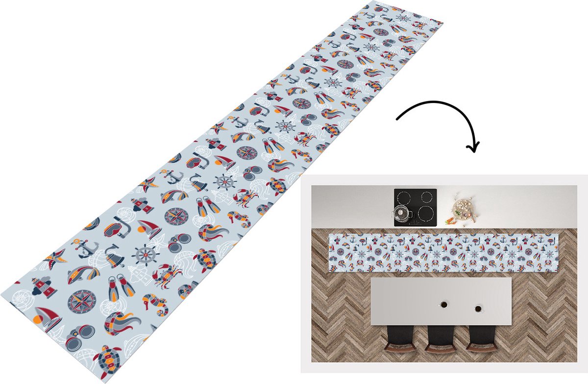 KitchenYeah Keukenloper - Loper keuken - Zee - Dieren - Patronen - Kinderen - Marine - 300x50 cm - Keukenloper vinyl Multicolor