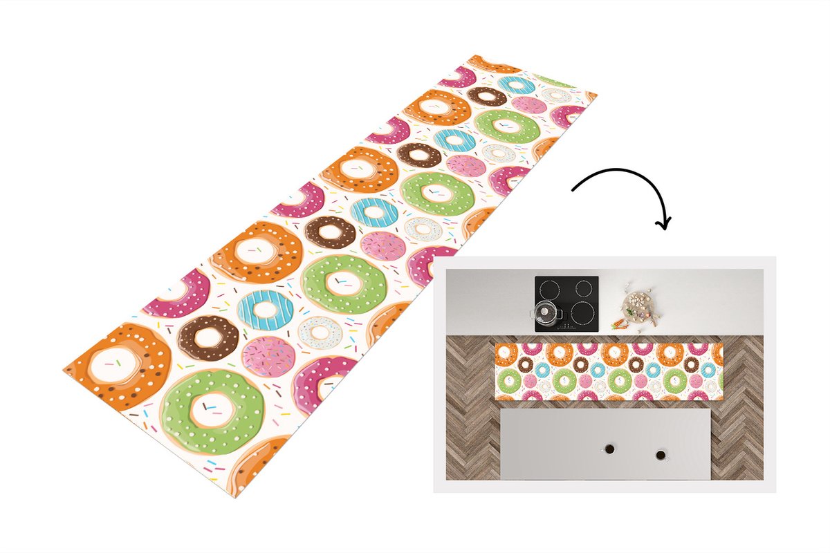 KitchenYeah Keukenloper - Loper keuken - Tiener - Donut - Patroon - 240x60 cm - Keukenloper vinyl Multicolor