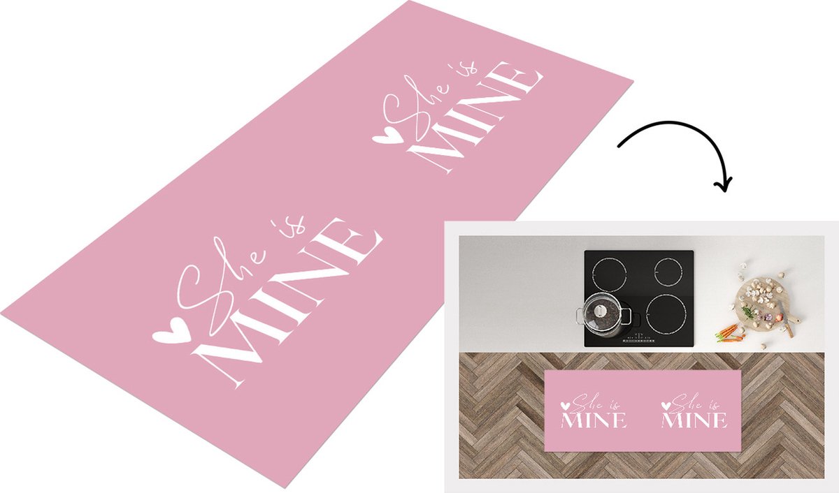 KitchenYeah Keukenloper - Loper keuken - 'She is mine' - Quotes - Spreuken - Roze - 120x50 cm - Keukenloper vinyl Multicolor