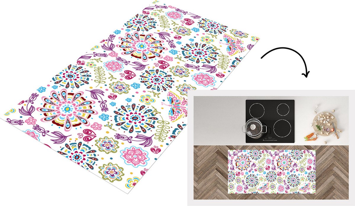 KitchenYeah Keukenloper - Loper keuken - Regenboog - Bloemen - Vlinder - Design - 120x60 cm - Keukenloper vinyl Multicolor