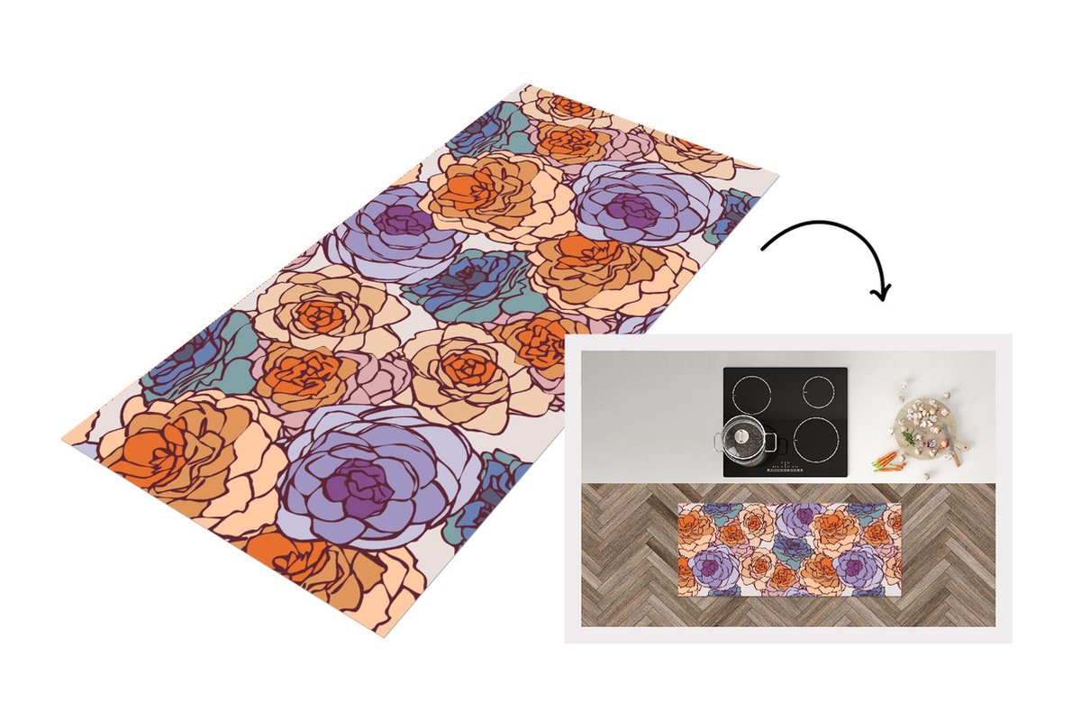 KitchenYeah Keukenloper - Loper keuken - Patroon - Bloem - Art Nouveau - 120x50 cm - Keukenloper vinyl Multicolor