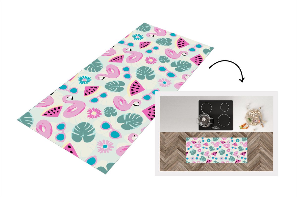 KitchenYeah Keukenloper - Loper keuken - Zomer - Patroon - Flamingo - Monstera - 120x50 cm - Keukenloper vinyl Multicolor