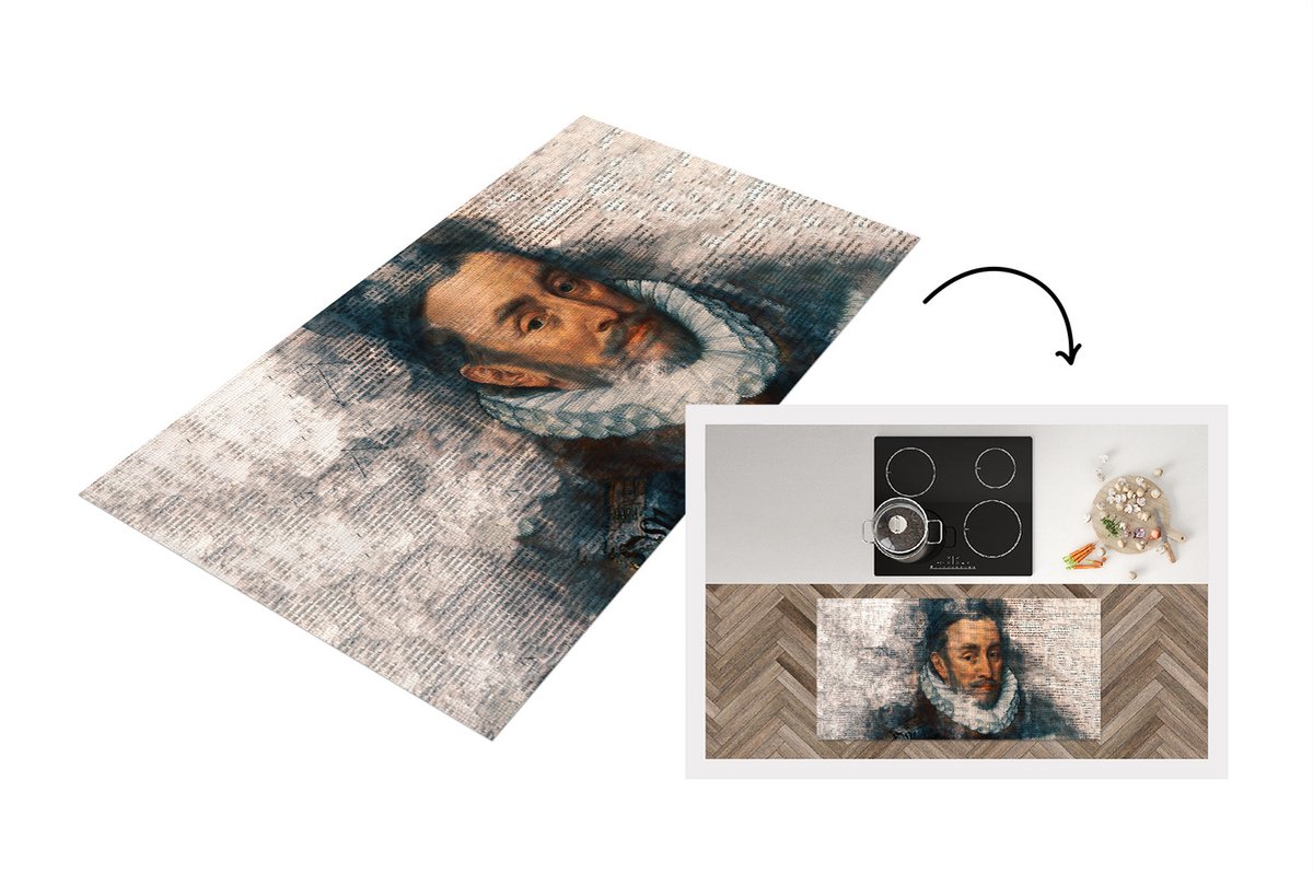 KitchenYeah Keukenloper - Loper keuken - Willem van Oranje - Aquarelverf - Krant - 120x60 cm - Keukenloper vinyl Multicolor