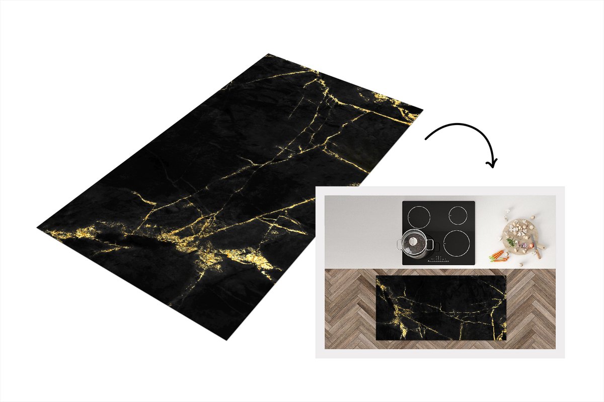 KitchenYeah Keukenloper - Loper keuken - Marmer - Zwart - Goud - Luxe - 120x60 cm - Keukenloper vinyl Multicolor