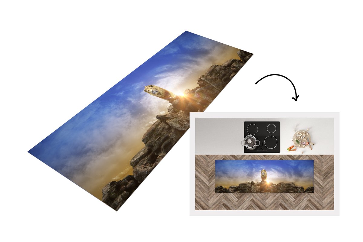 KitchenYeah Keukenloper - Loper keuken - Leeuw - Illustratie - Zonsondergang - 150x50 cm - Keukenloper vinyl Multicolor