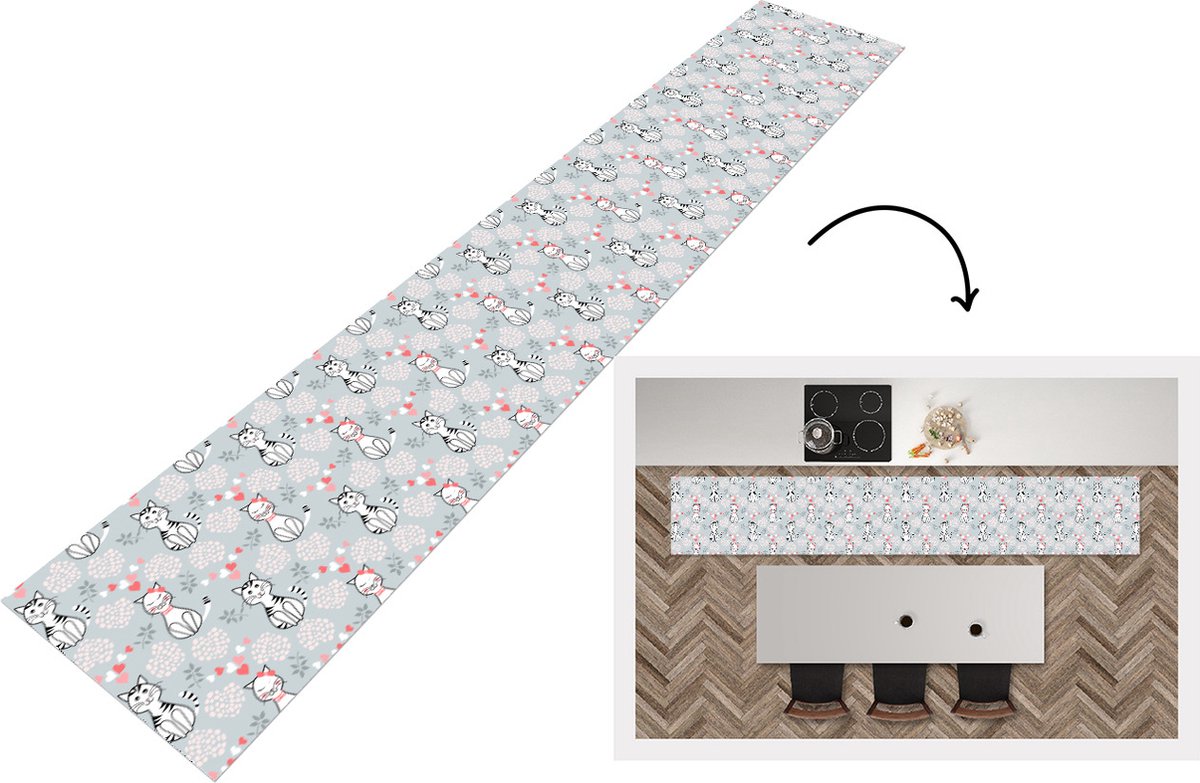 KitchenYeah Keukenloper - Loper keuken - Patronen - Kat - Hart - 300x50 cm - Keukenloper vinyl Multicolor