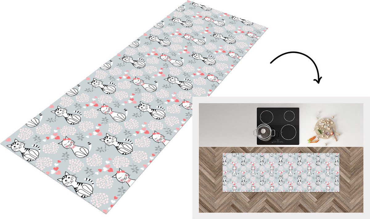 KitchenYeah Keukenloper - Loper keuken - Patronen - Kat - Hart - 180x60 cm - Keukenloper vinyl Multicolor