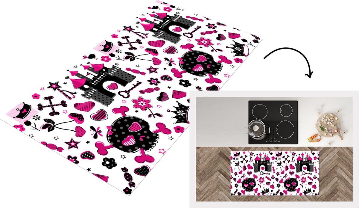KitchenYeah Keukenloper - Loper keuken - Meiden - Kroon - Hart - Patronen - 120x60 cm - Keukenloper vinyl Multicolor