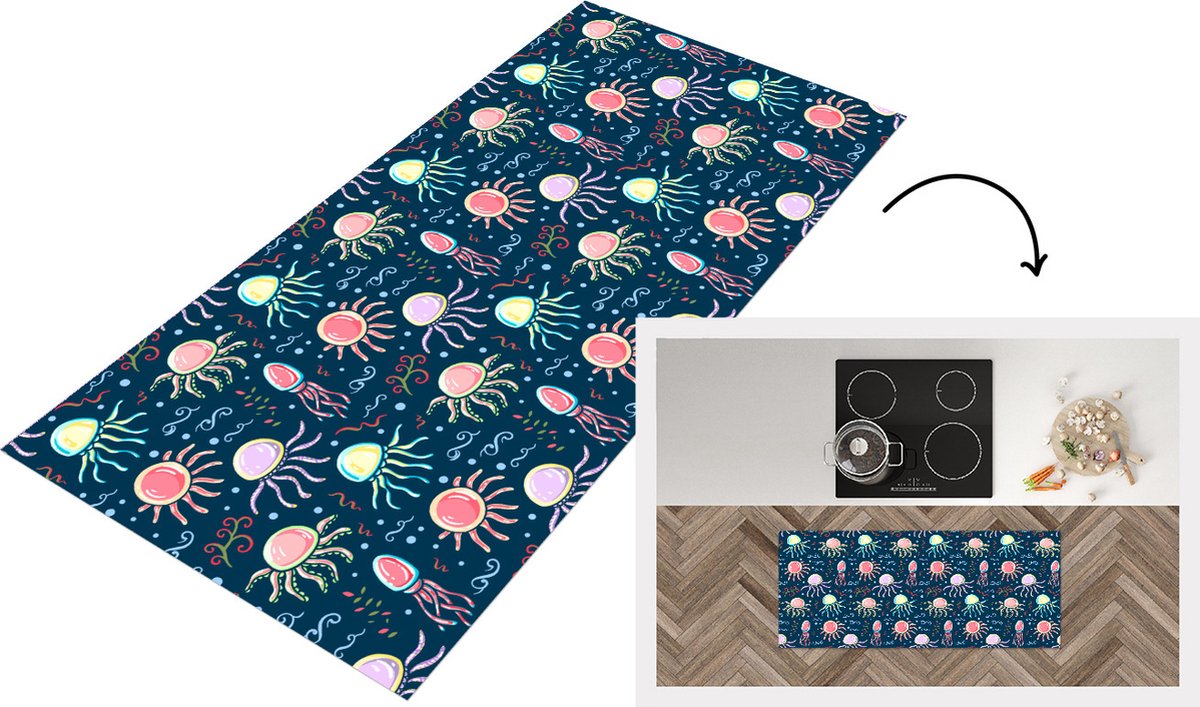 KitchenYeah Keukenloper - Loper keuken - Design - Dieren - Kwallen - 120x50 cm - Keukenloper vinyl Multicolor