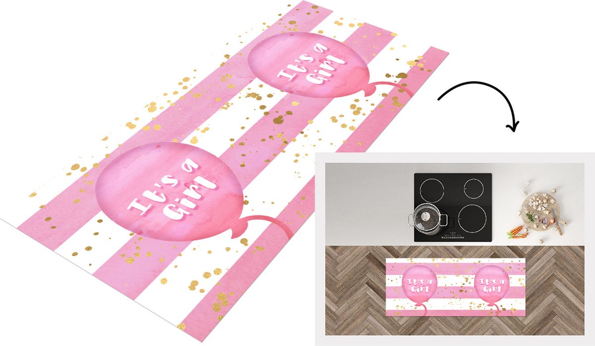 KitchenYeah Keukenloper - Loper keuken - Ballon - Gender reveal - Goud - Roze - It's a Girl - Meisje - Tekst - SPreuke - 120x50 cm - Keukenloper vinyl Multicolor