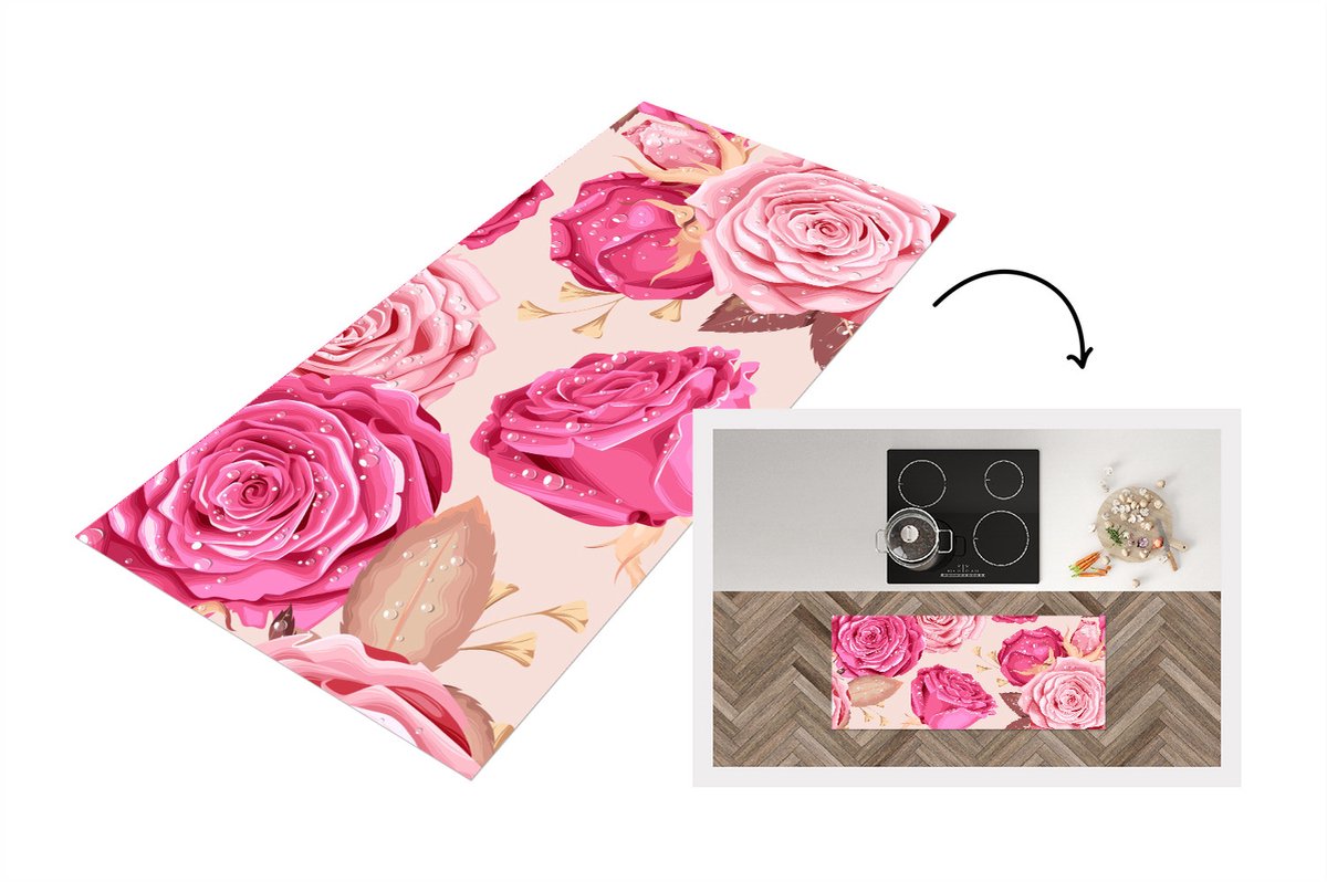 KitchenYeah Keukenloper - Loper keuken - Rozen - Collage - Roze - 120x50 cm - Keukenloper vinyl Multicolor