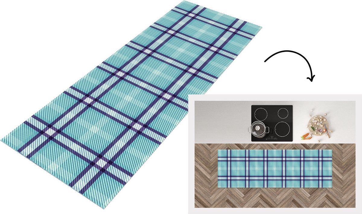 KitchenYeah Keukenloper - Loper keuken - Plaid - Blauw - Patronen - Schotse ruit - 150x50 cm - Keukenloper vinyl Multicolor