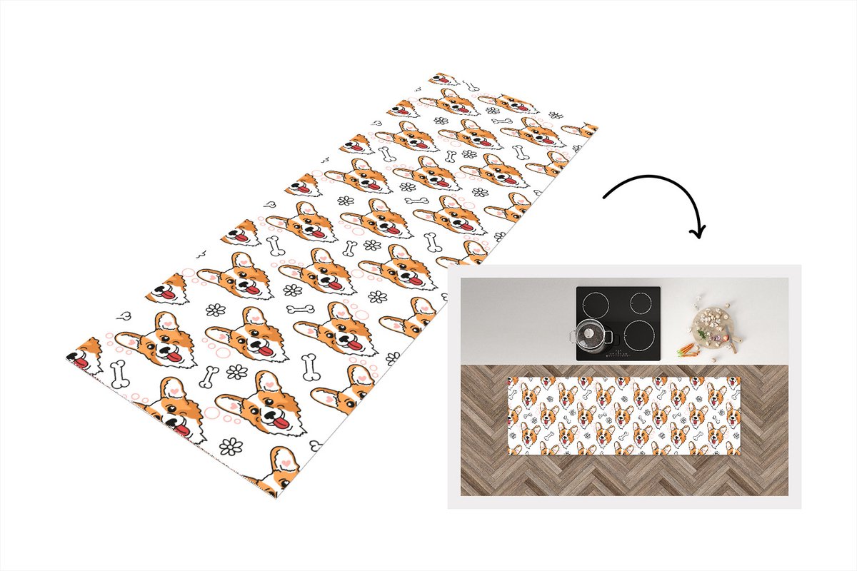 KitchenYeah Keukenloper - Loper keuken - Patronen - Hond - Corgi - 180x60 cm - Keukenloper vinyl Multicolor